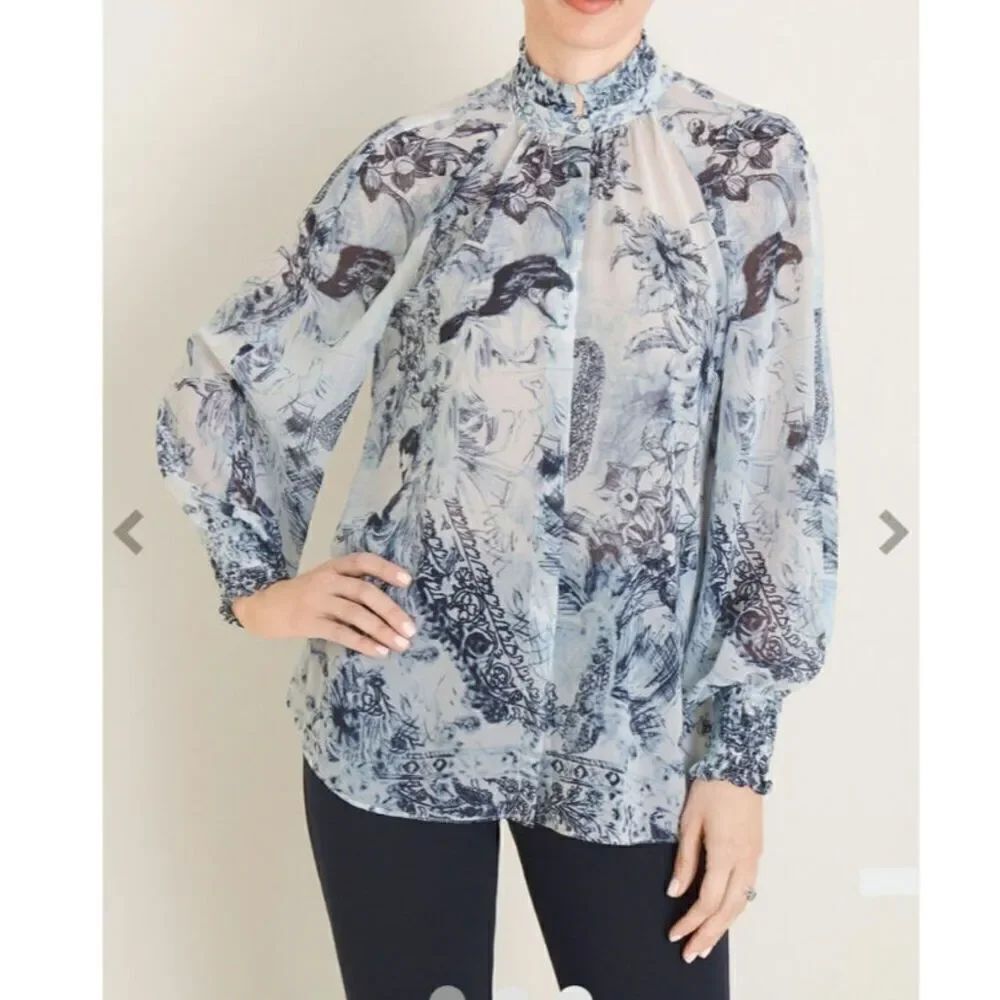 Chico's Sketched Euphoria Bird Novelty Print Sheer Blouse Size 2 (12/14)